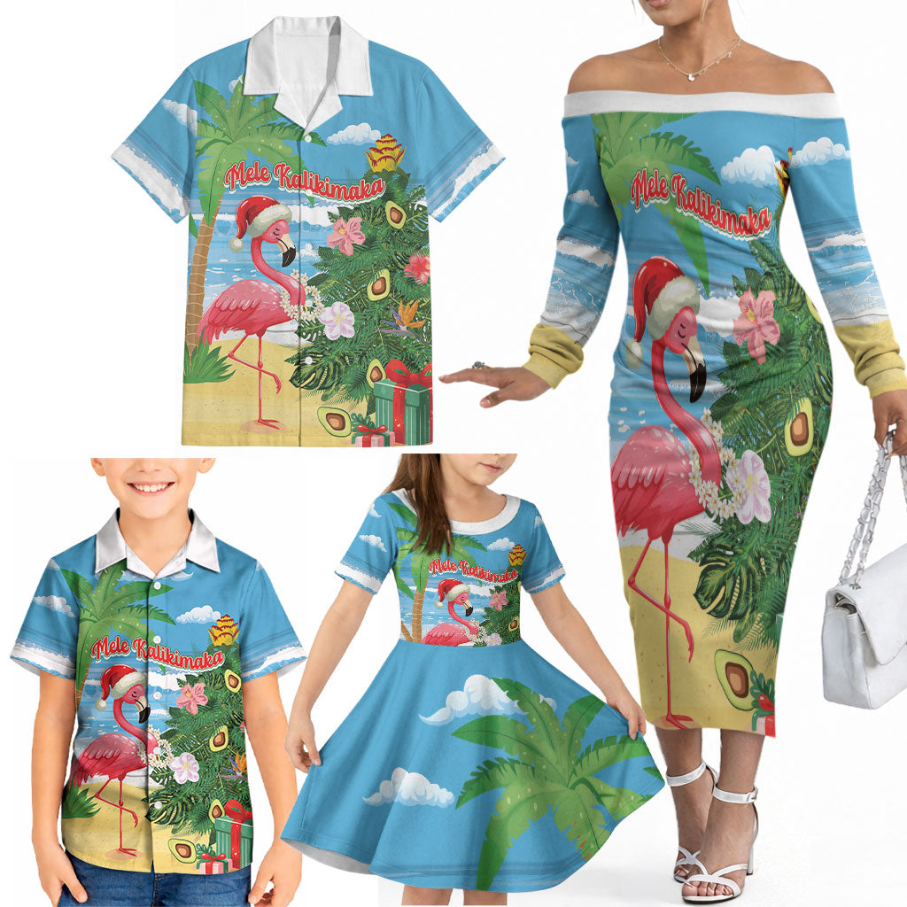 Flamingo Hawaii Summer Christmas Personalized Family Matching Off The Shoulder Long Sleeve Dress and Hawaiian Shirt Mele Kalikimaka Beachy Vibes LT14 - Polynesian Pride
