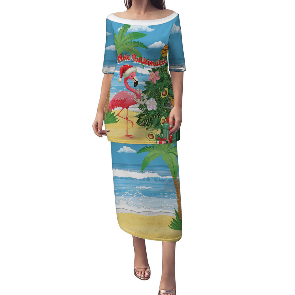 Flamingo Hawaii Summer Christmas Personalized Family Matching Puletasi and Hawaiian Shirt Mele Kalikimaka Beachy Vibes LT14 Mom's Dress Blue - Polynesian Pride