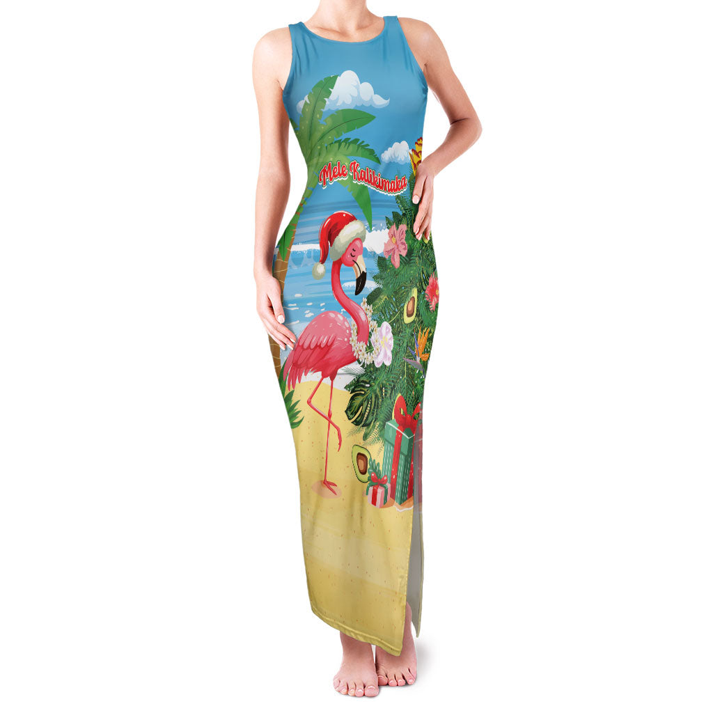 Flamingo Hawaii Summer Christmas Personalized Family Matching Tank Maxi Dress and Hawaiian Shirt Mele Kalikimaka Beachy Vibes LT14 Mom's Dress Blue - Polynesian Pride