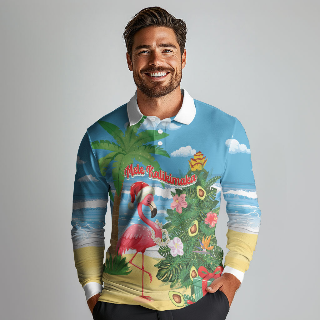 Flamingo Hawaii Summer Christmas Personalized Long Sleeve Polo Shirt Mele Kalikimaka Beachy Vibes