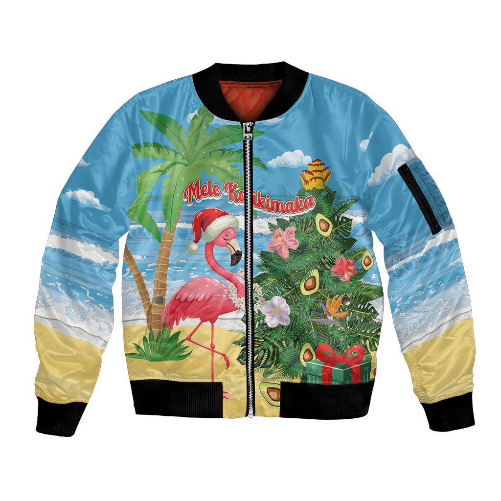 Flamingo Hawaii Summer Christmas Personalized Sleeve Zip Bomber Jacket Mele Kalikimaka Beachy Vibes
