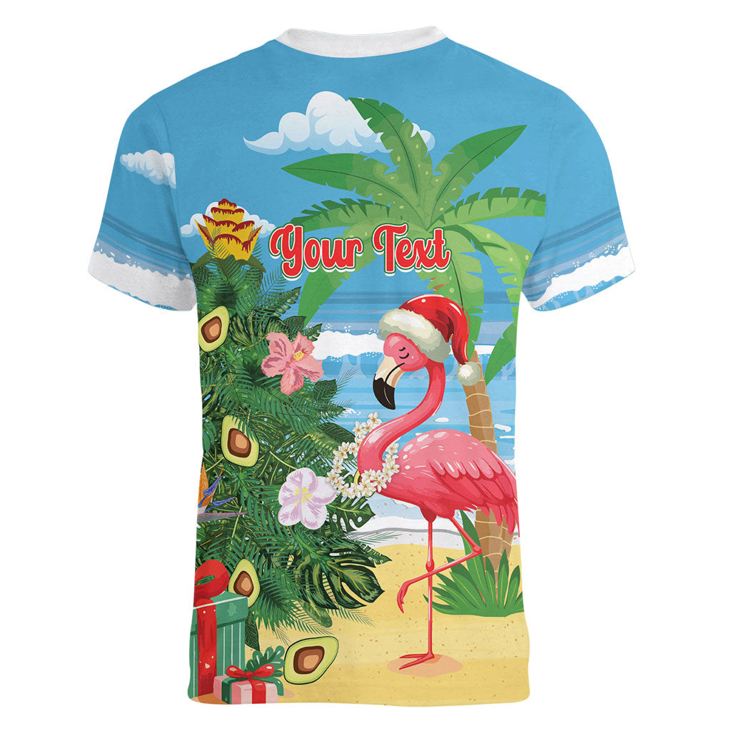 Flamingo Hawaii Summer Christmas Personalized Women V-Neck T-Shirt Mele Kalikimaka Beachy Vibes