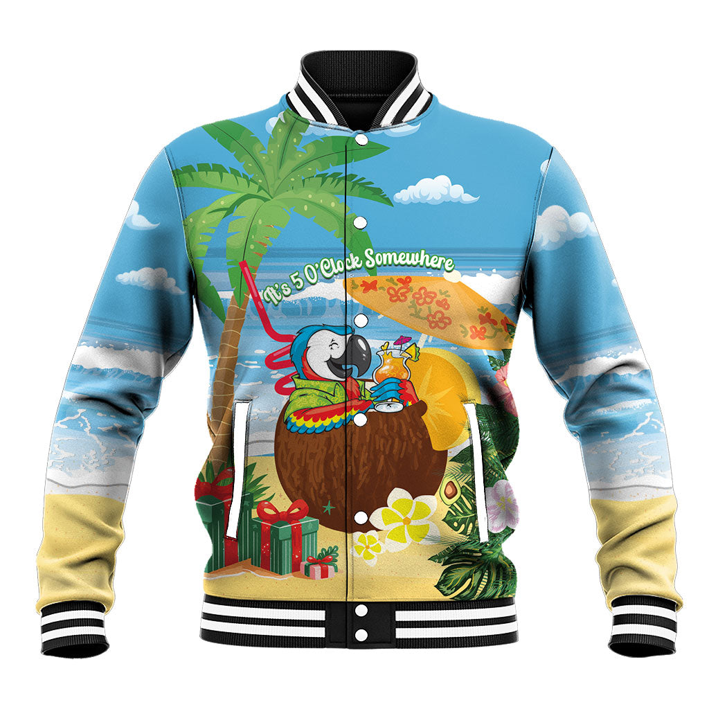 Chilling Parrot Hawaii Summer Christmas Personalized Baseball Jacket It's 5 O'Clock Somewhere Beachy Vibes