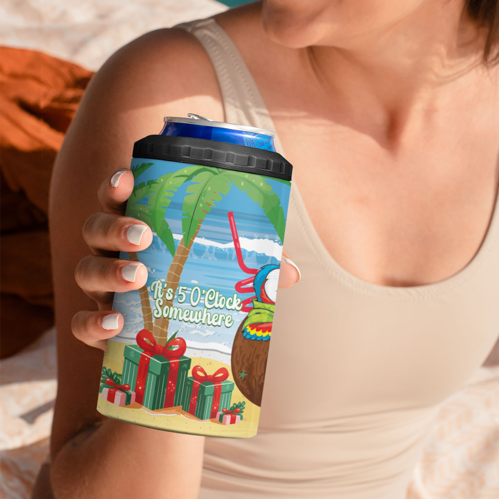 Chilling Parrot Hawaii Summer Christmas Personalized 4 in 1 Can Cooler Tumbler It's 5 O'Clock Somewhere Beachy Vibes