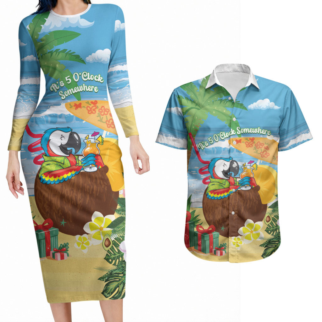 Chilling Parrot Hawaii Summer Christmas Personalized Couples Matching Long Sleeve Bodycon Dress and Hawaiian Shirt It's 5 O'Clock Somewhere Beachy Vibes LT14 Blue - Polynesian Pride