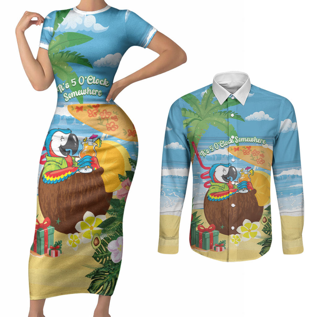 Chilling Parrot Hawaii Summer Christmas Personalized Couples Matching Short Sleeve Bodycon Dress and Long Sleeve Button Shirt It's 5 O'Clock Somewhere Beachy Vibes LT14 Blue - Polynesian Pride