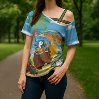 Chilling Parrot Hawaii Summer Christmas Personalized Cross Shoulder Shirt It's 5 O'Clock Somewhere Beachy Vibes