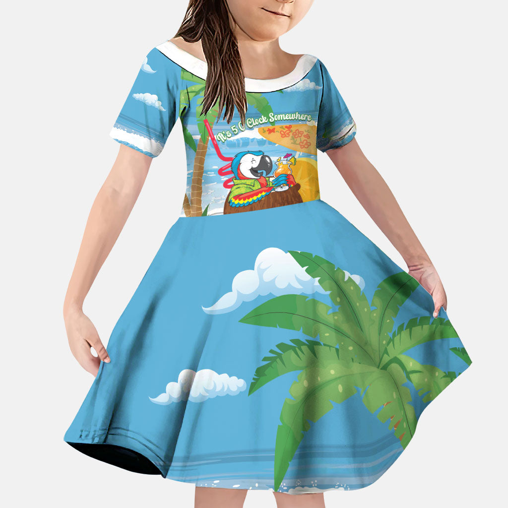 Chilling Parrot Hawaii Summer Christmas Personalized Family Matching Short Sleeve Bodycon Dress and Hawaiian Shirt It's 5 O'Clock Somewhere Beachy Vibes LT14 Daughter's Dress Blue - Polynesian Pride