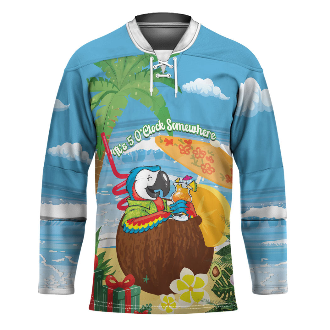 Chilling Parrot Hawaii Summer Christmas Personalized Hockey Jersey It's 5 O'Clock Somewhere Beachy Vibes