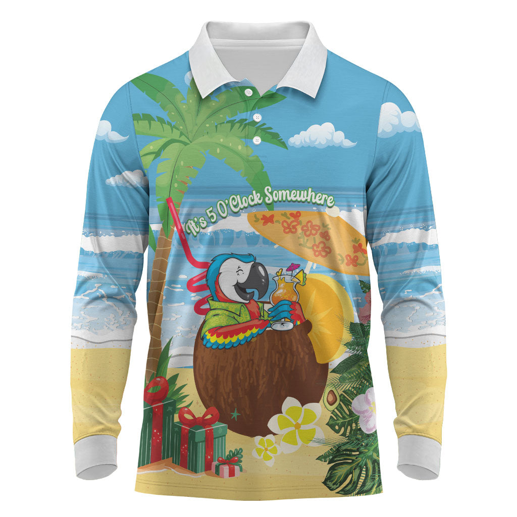 Chilling Parrot Hawaii Summer Christmas Personalized Long Sleeve Polo Shirt It's 5 O'Clock Somewhere Beachy Vibes