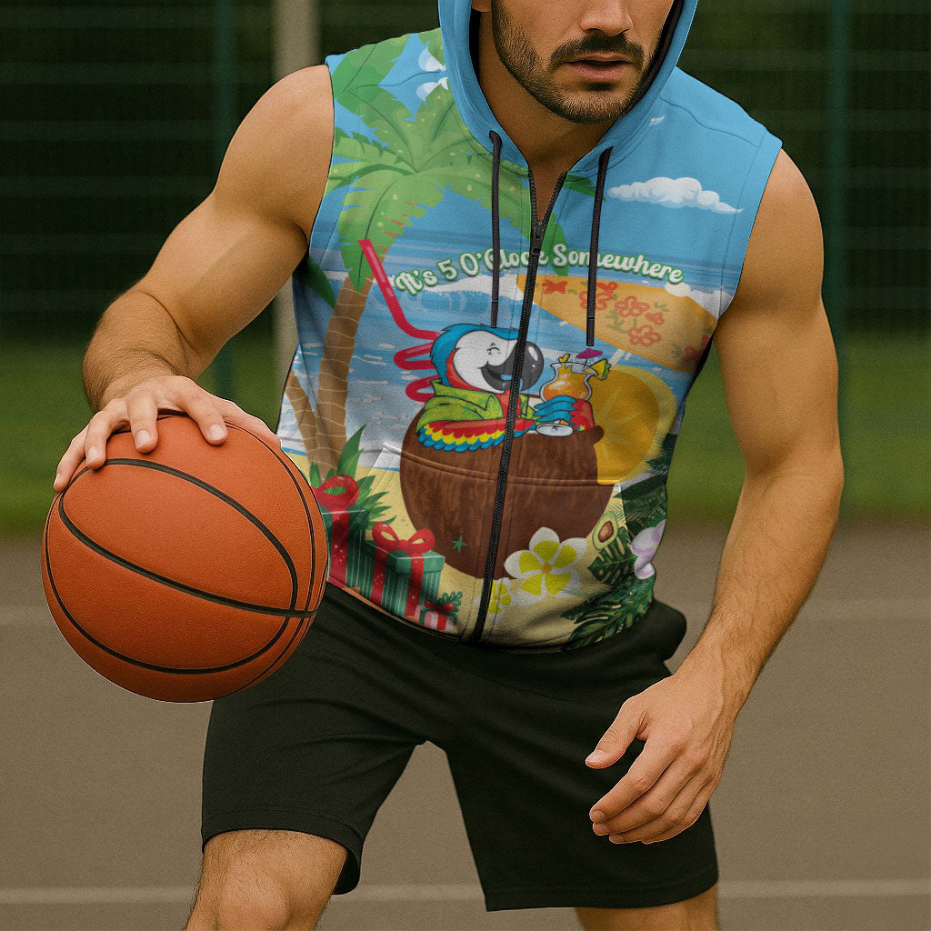 Chilling Parrot Hawaii Summer Christmas Personalized Sleeveless Zip Hoodie It's 5 O'Clock Somewhere Beachy Vibes