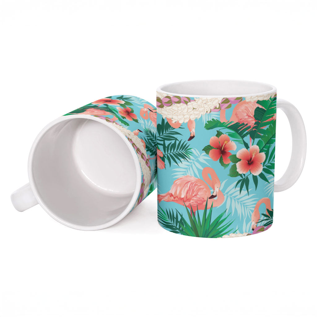 Flamingo Hawaii Summer Ceramic Mug Hawaiian Lei Pakala Motifs Tropical Style