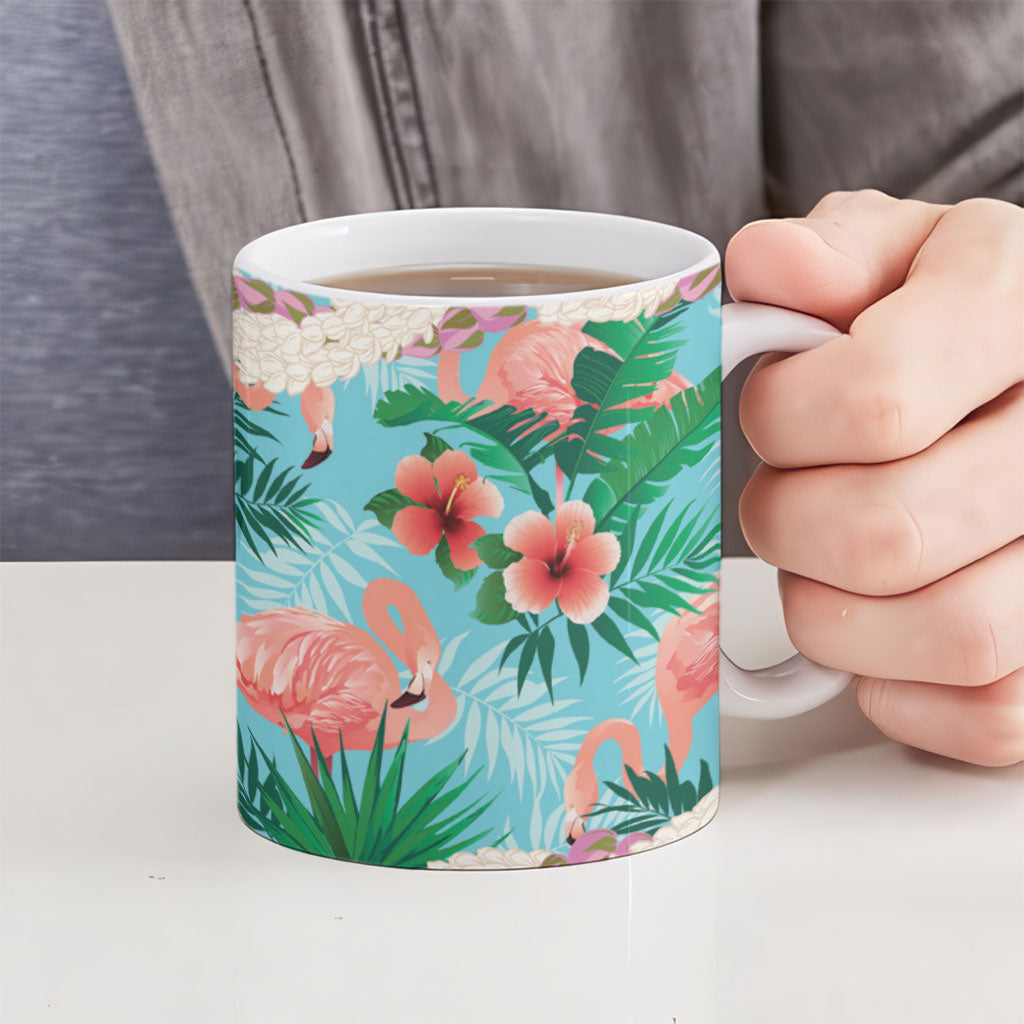 Flamingo Hawaii Summer Ceramic Mug Hawaiian Lei Pakala Motifs Tropical Style