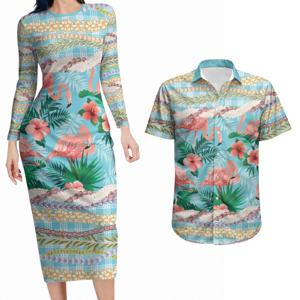 Flamingo Hawaii Summer Couples Matching Long Sleeve Bodycon Dress and Hawaiian Shirt Hawaiian Lei Pakala Motifs Tropical Style LT14 Cyan - Polynesian Pride