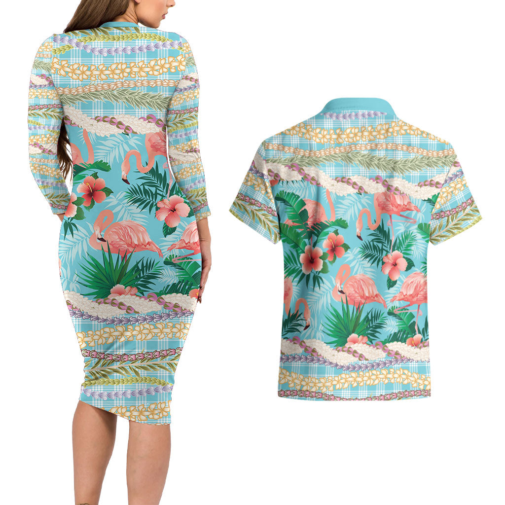 Flamingo Hawaii Summer Couples Matching Long Sleeve Bodycon Dress and Hawaiian Shirt Hawaiian Lei Pakala Motifs Tropical Style LT14 - Polynesian Pride