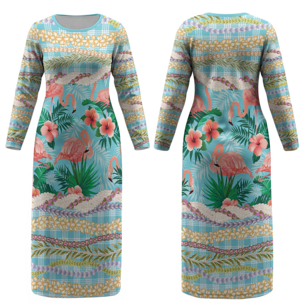 Flamingo Hawaii Summer Couples Matching Long Sleeve Bodycon Dress and Long Sleeve Button Shirt Hawaiian Lei Pakala Motifs Tropical Style LT14 - Polynesian Pride