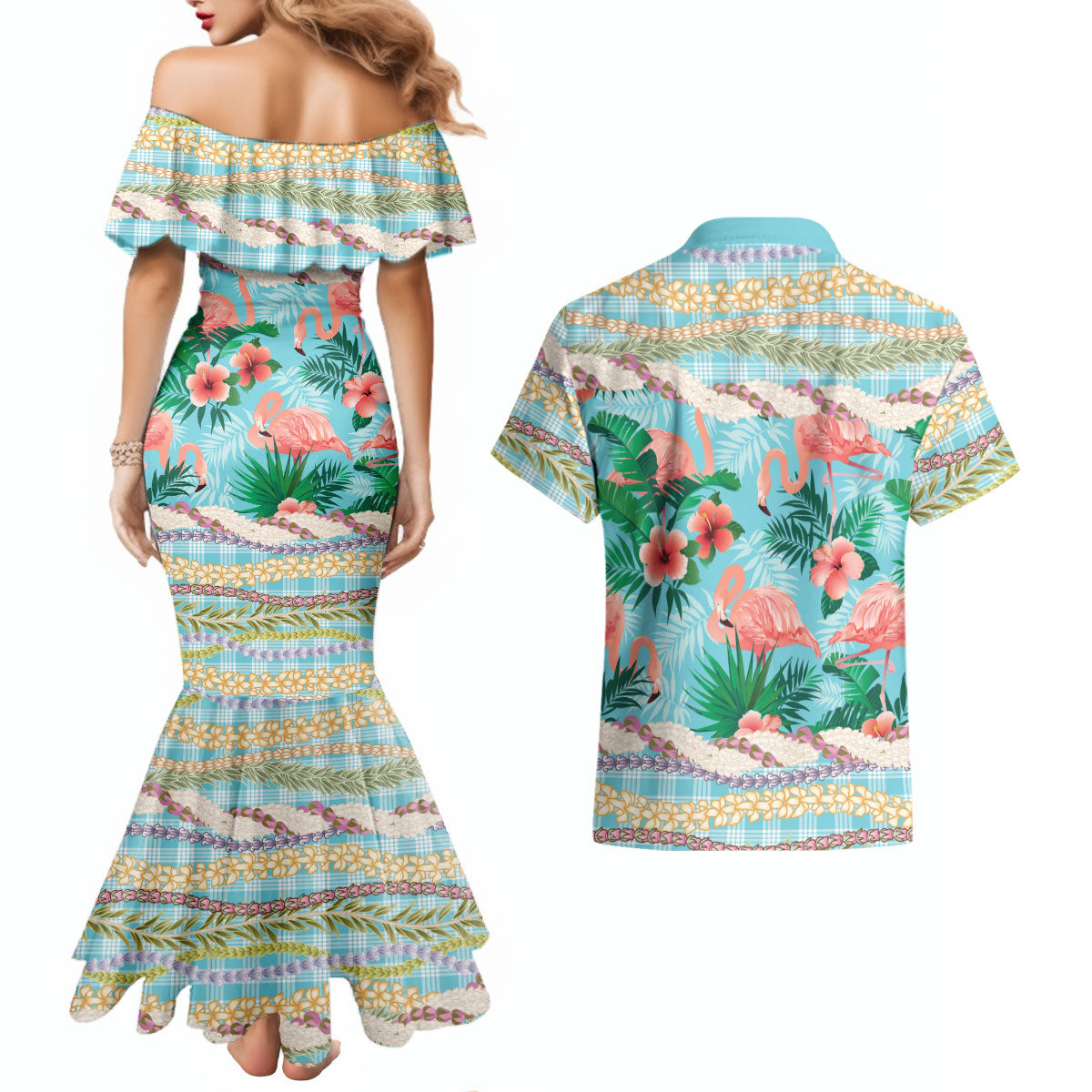 Flamingo Hawaii Summer Couples Matching Mermaid Dress and Hawaiian Shirt Hawaiian Lei Pakala Motifs Tropical Style LT14 - Polynesian Pride
