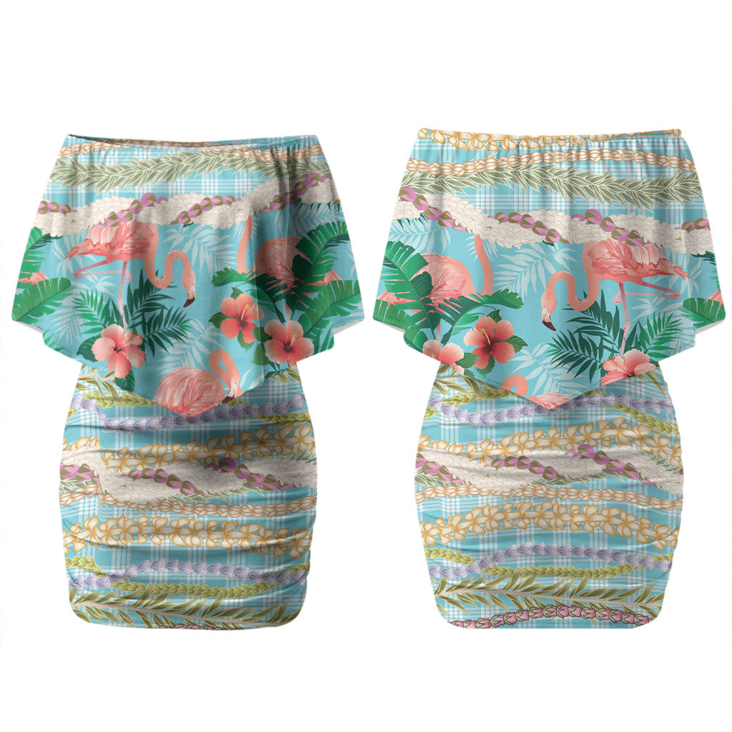 Flamingo Hawaii Summer Couples Matching Off Shoulder Short Dress and Long Sleeve Button Shirt Hawaiian Lei Pakala Motifs Tropical Style LT14 - Polynesian Pride