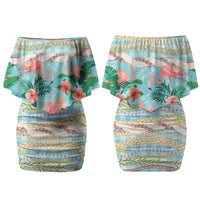 Flamingo Hawaii Summer Couples Matching Off Shoulder Short Dress and Long Sleeve Button Shirt Hawaiian Lei Pakala Motifs Tropical Style LT14 - Polynesian Pride