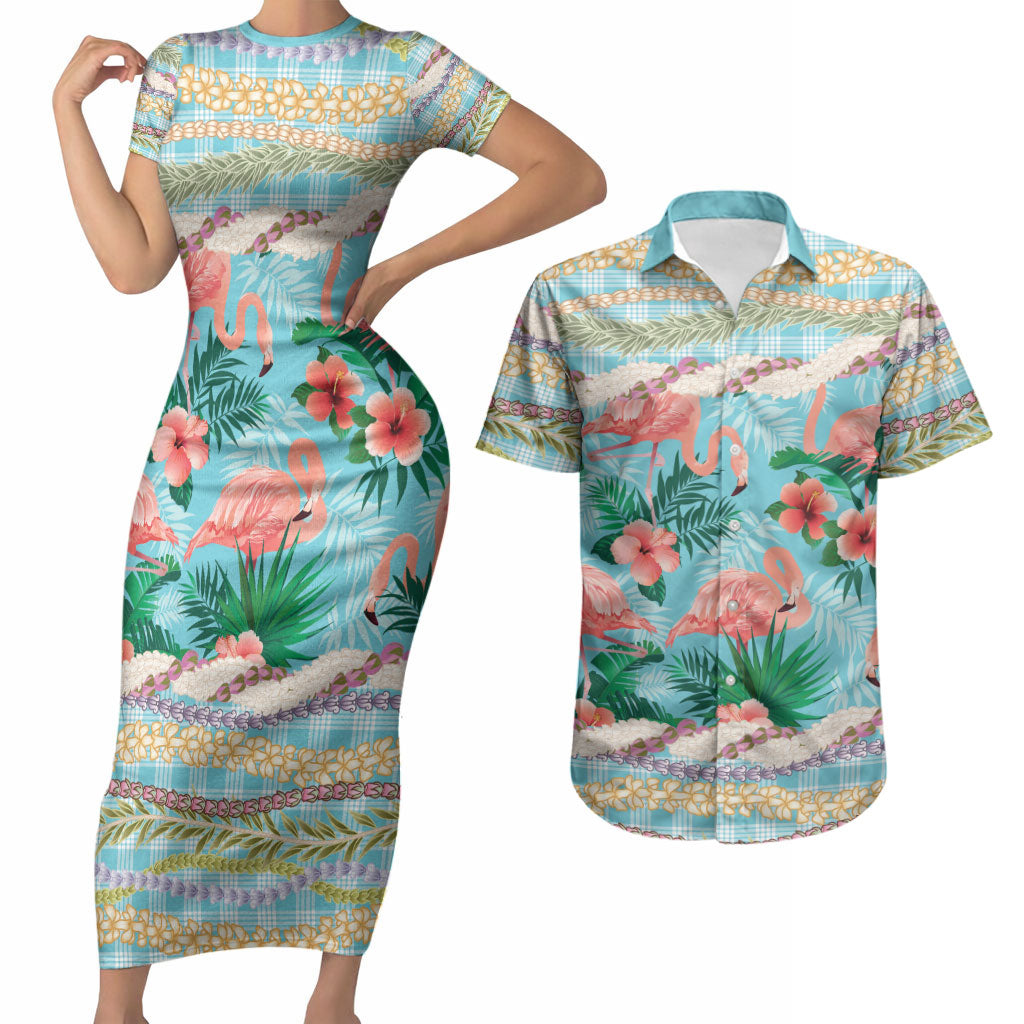 Flamingo Hawaii Summer Couples Matching Short Sleeve Bodycon Dress and Hawaiian Shirt Hawaiian Lei Pakala Motifs Tropical Style LT14 Cyan - Polynesian Pride