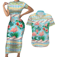 Flamingo Hawaii Summer Couples Matching Short Sleeve Bodycon Dress and Hawaiian Shirt Hawaiian Lei Pakala Motifs Tropical Style LT14 Cyan - Polynesian Pride