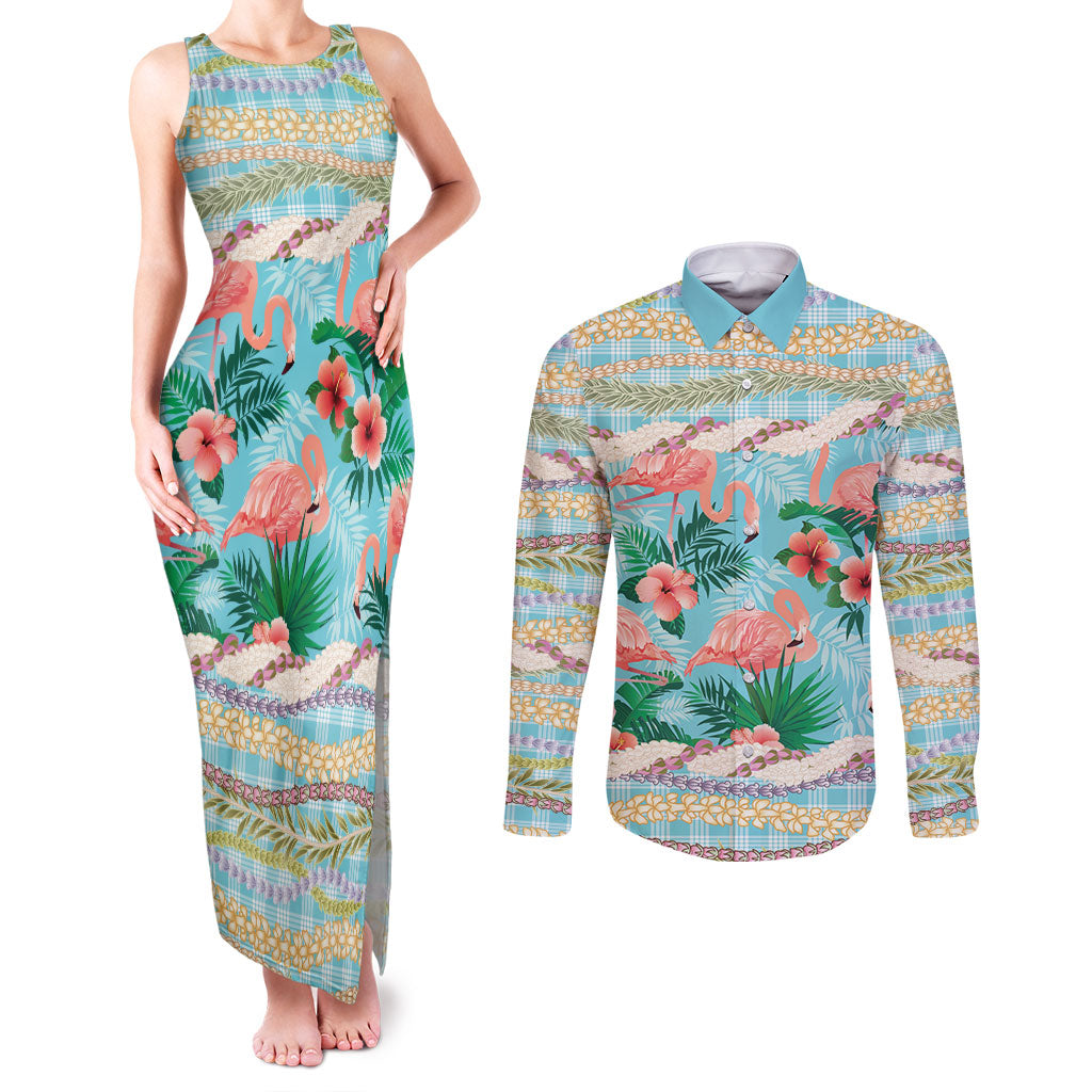 Flamingo Hawaii Summer Couples Matching Tank Maxi Dress and Long Sleeve Button Shirt Hawaiian Lei Pakala Motifs Tropical Style