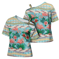 Flamingo Hawaii Summer Cross Shoulder Shirt Hawaiian Lei Pakala Motifs Tropical Style