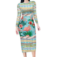 Flamingo Hawaii Summer Family Matching Long Sleeve Bodycon Dress and Hawaiian Shirt Hawaiian Lei Pakala Motifs Tropical Style LT14 Mom's Dress Cyan - Polynesian Pride