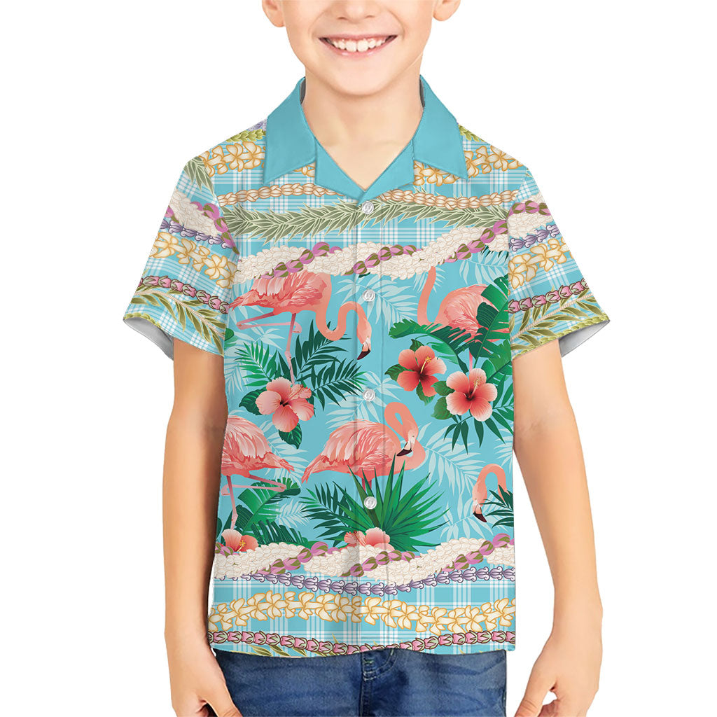 Flamingo Hawaii Summer Family Matching Off The Shoulder Long Sleeve Dress and Hawaiian Shirt Hawaiian Lei Pakala Motifs Tropical Style LT14 Son's Shirt Cyan - Polynesian Pride