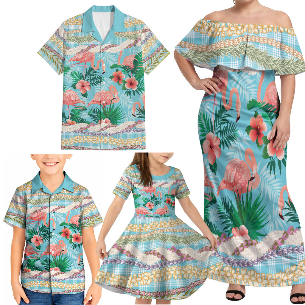 Flamingo Hawaii Summer Family Matching Off Shoulder Maxi Dress and Hawaiian Shirt Hawaiian Lei Pakala Motifs Tropical Style LT14 - Polynesian Pride