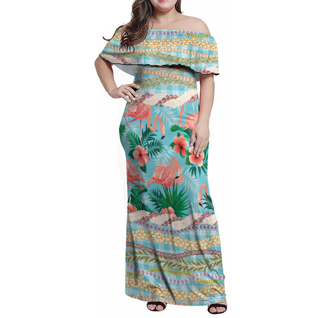 Flamingo Hawaii Summer Family Matching Off Shoulder Maxi Dress and Hawaiian Shirt Hawaiian Lei Pakala Motifs Tropical Style LT14 Mom's Dress Cyan - Polynesian Pride