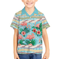 Flamingo Hawaii Summer Family Matching Off Shoulder Short Dress and Hawaiian Shirt Hawaiian Lei Pakala Motifs Tropical Style LT14 Son's Shirt Cyan - Polynesian Pride