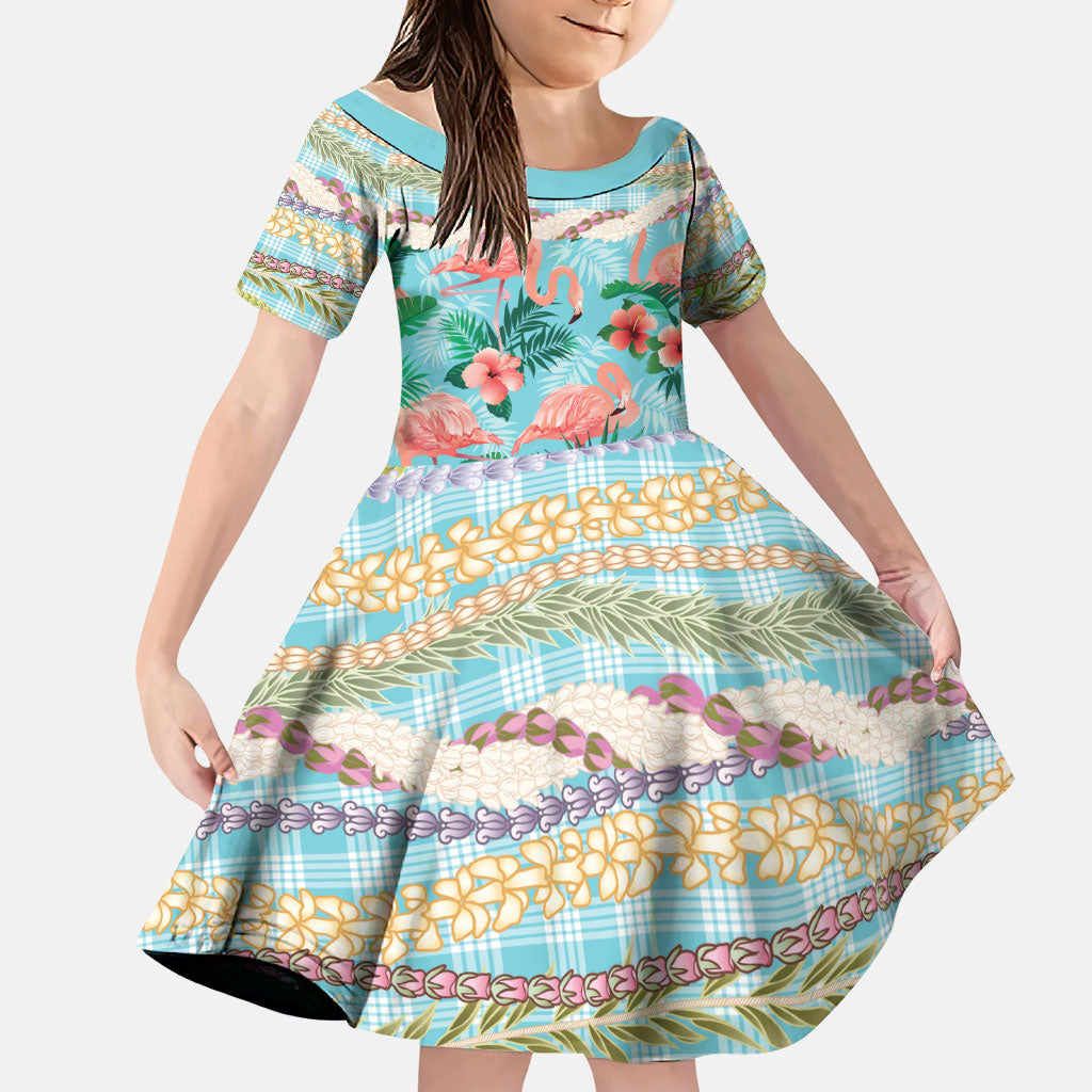 Flamingo Hawaii Summer Family Matching Summer Maxi Dress and Hawaiian Shirt Hawaiian Lei Pakala Motifs Tropical Style LT14 Daughter's Dress Cyan - Polynesian Pride