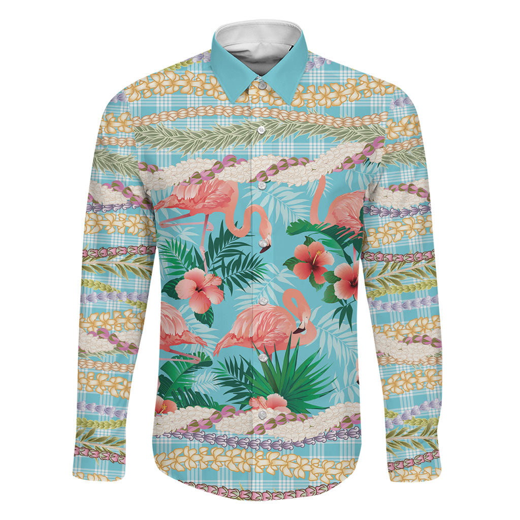 Flamingo Hawaii Summer Family Matching Summer Maxi Dress and Hawaiian Shirt Hawaiian Lei Pakala Motifs Tropical Style LT14 Dad's Shirt - Long Sleeve Cyan - Polynesian Pride