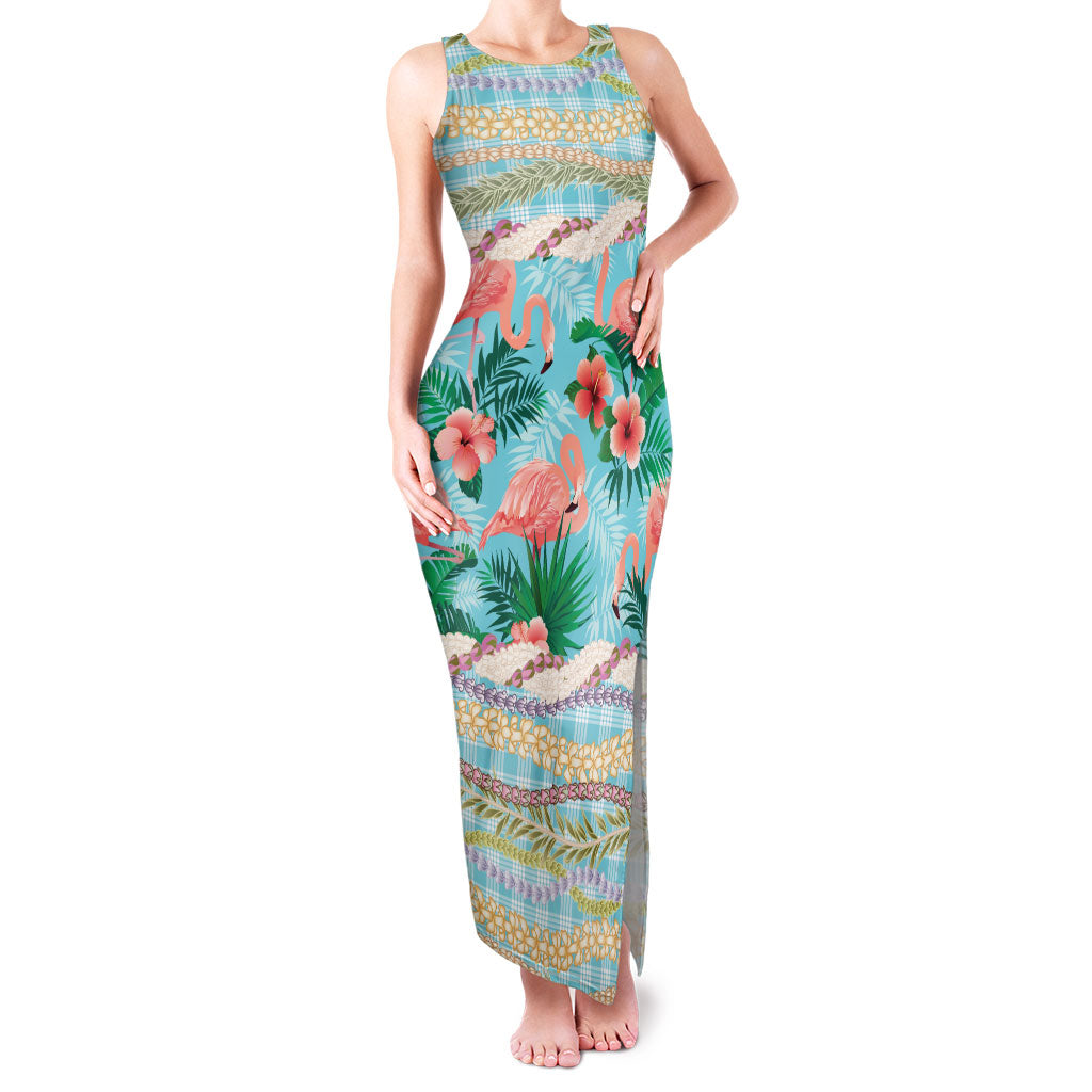 Flamingo Hawaii Summer Family Matching Tank Maxi Dress and Hawaiian Shirt Hawaiian Lei Pakala Motifs Tropical Style LT14 Mom's Dress Cyan - Polynesian Pride