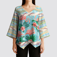 Flamingo Hawaii Summer Kimono Sleeve Blouse Hawaiian Lei Pakala Motifs Tropical Style