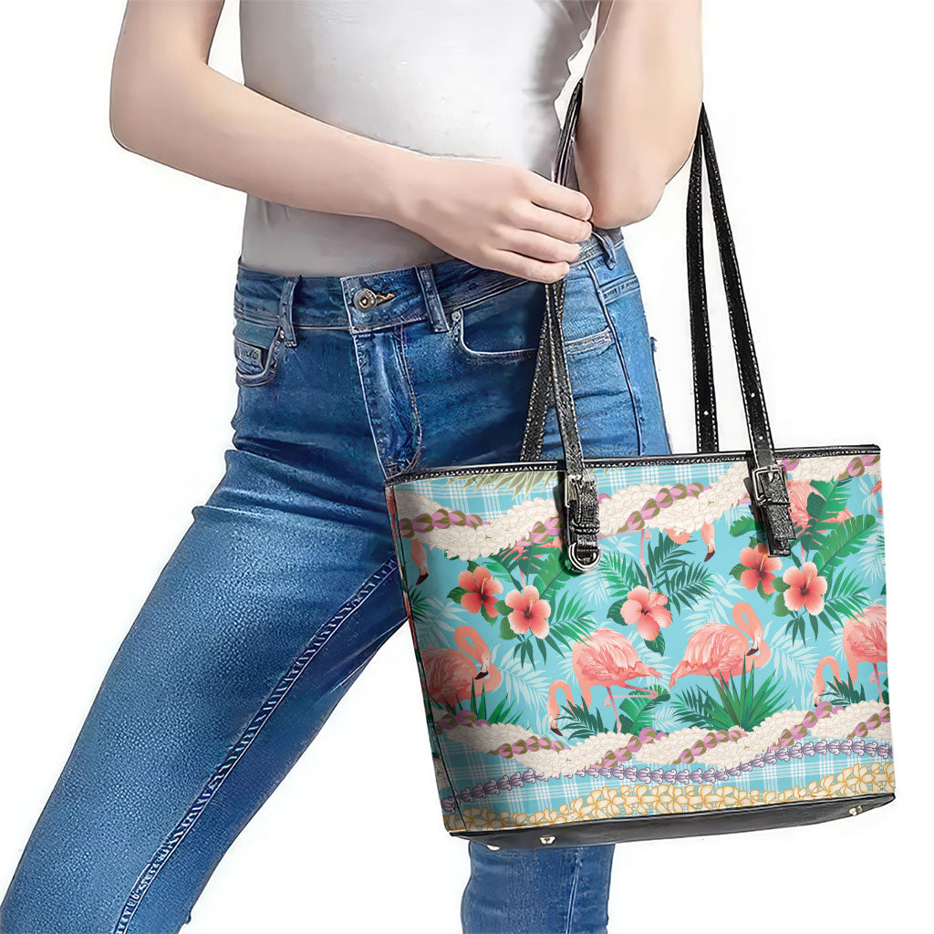 Flamingo Hawaii Summer Leather Tote Bag Hawaiian Lei Pakala Motifs Tropical Style
