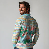 Flamingo Hawaii Summer Long Sleeve Polo Shirt Hawaiian Lei Pakala Motifs Tropical Style