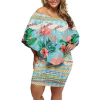Flamingo Hawaii Summer Off Shoulder Short Dress Hawaiian Lei Pakala Motifs Tropical Style