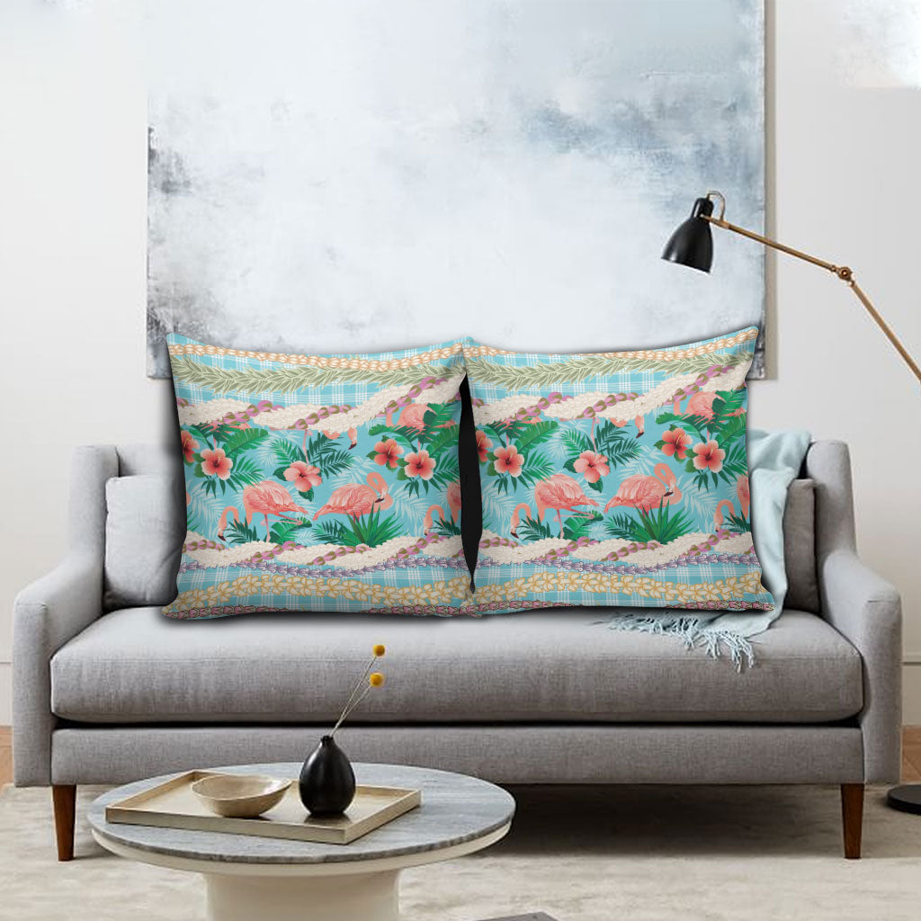 Flamingo Hawaii Summer Pillow Cover Hawaiian Lei Pakala Motifs Tropical Style