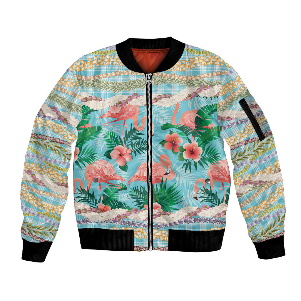 Flamingo Hawaii Summer Sleeve Zip Bomber Jacket Hawaiian Lei Pakala Motifs Tropical Style