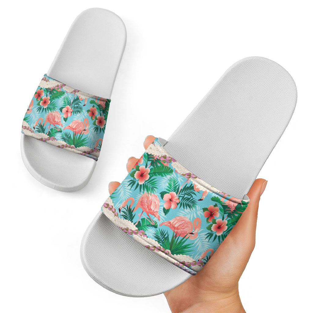 Flamingo Hawaii Summer Slide Sandals Hawaiian Lei Pakala Motifs Tropical Style