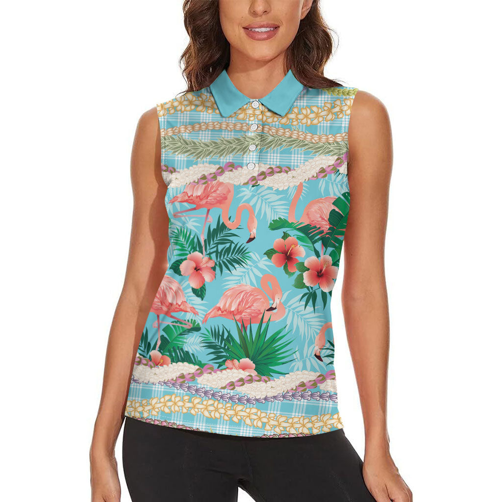 Flamingo Hawaii Summer Women Sleeveless Polo Shirt Hawaiian Lei Pakala Motifs Tropical Style