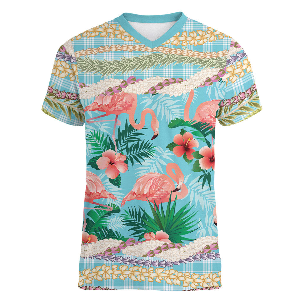 Flamingo Hawaii Summer Women V-Neck T-Shirt Hawaiian Lei Pakala Motifs Tropical Style