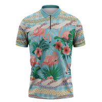 Flamingo Hawaii Summer Zipper Polo Shirt Hawaiian Lei Pakala Motifs Tropical Style
