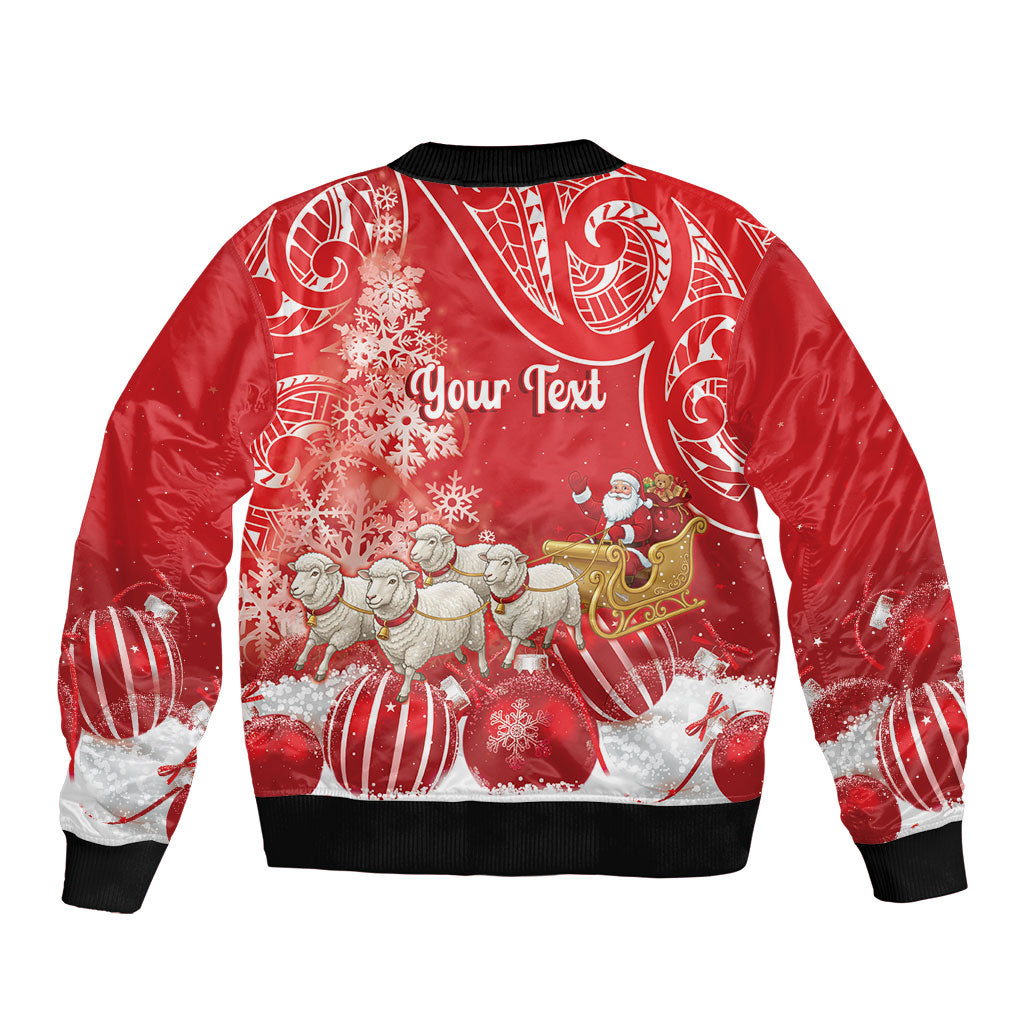New Zealand Christmas In July Personalised Bomber Jacket Funny Santa Sheep Meri Kirihimete Red
