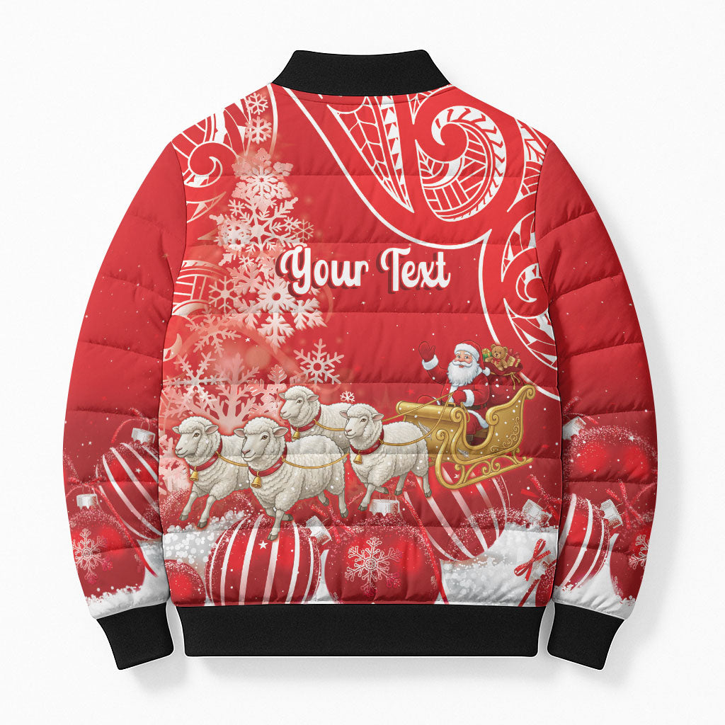 New Zealand Christmas In July Personalised Bomber Puffer Jacket Funny Santa Sheep Meri Kirihimete Red