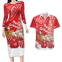 New Zealand Christmas In July Personalised Couples Matching Long Sleeve Bodycon Dress and Hawaiian Shirt Funny Santa Sheep Meri Kirihimete Red LT14 Red - Polynesian Pride