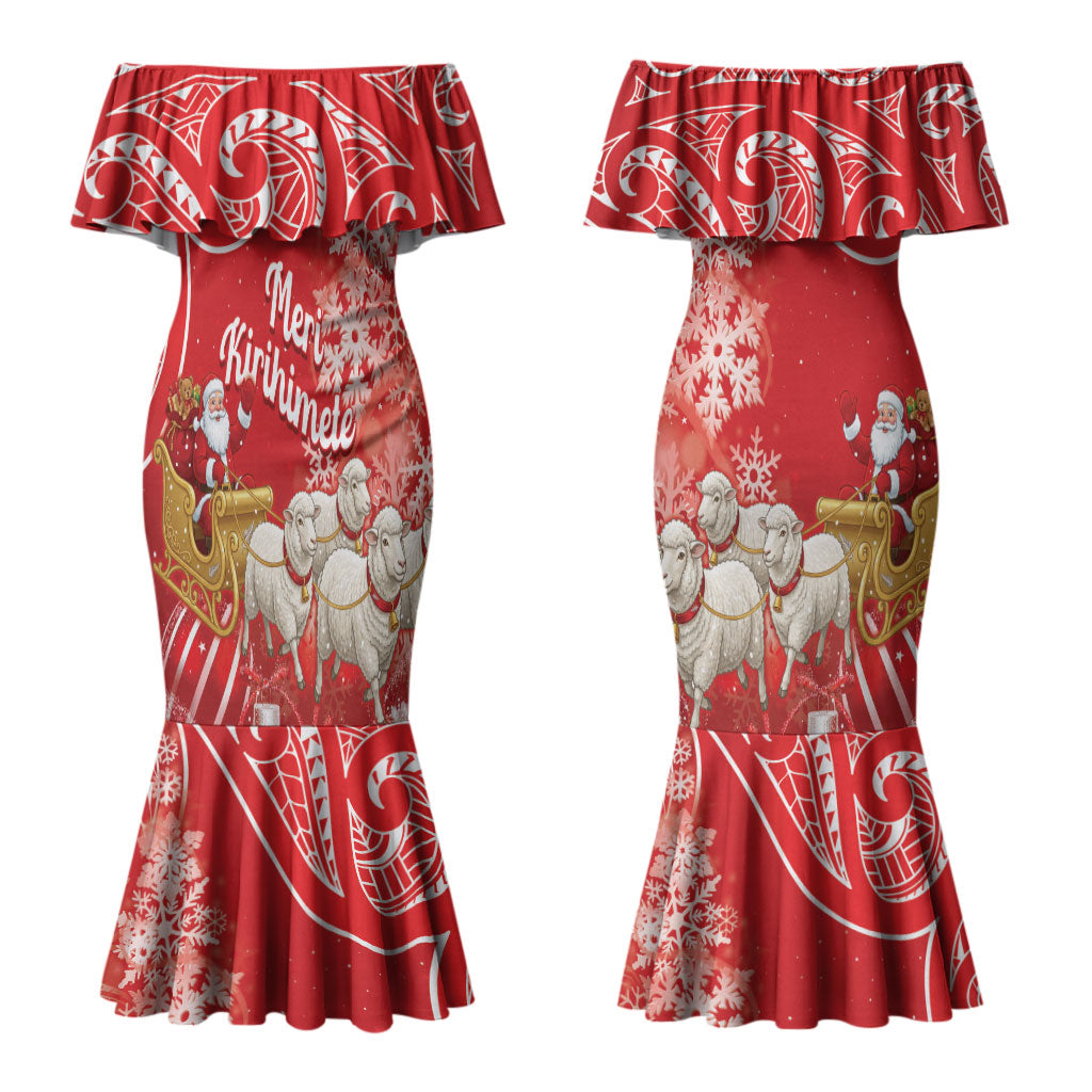 New Zealand Christmas In July Personalised Couples Matching Mermaid Dress and Hawaiian Shirt Funny Santa Sheep Meri Kirihimete Red LT14 - Polynesian Pride