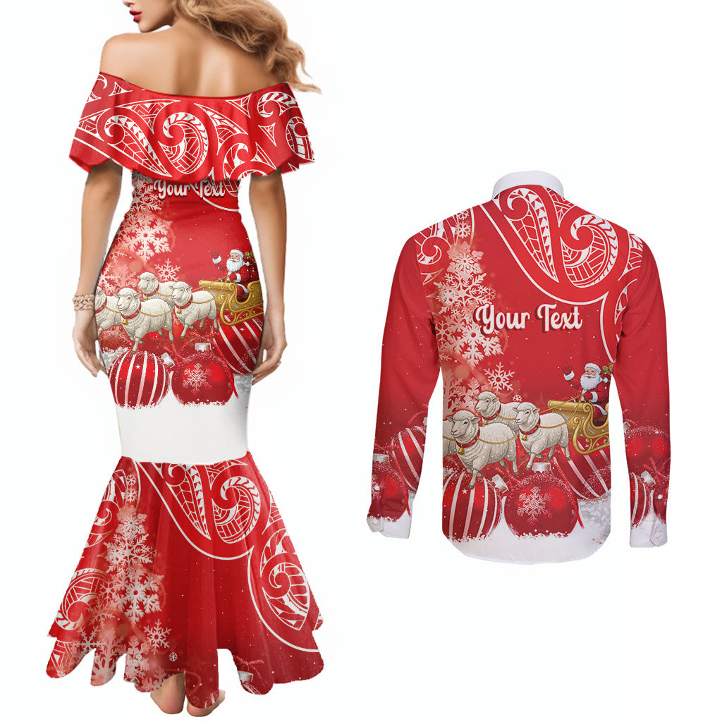 New Zealand Christmas In July Personalised Couples Matching Mermaid Dress and Long Sleeve Button Shirt Funny Santa Sheep Meri Kirihimete Red LT14 - Polynesian Pride